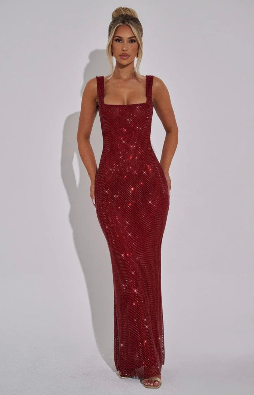 Sculpted Square Neck Crystal Mesh Maxi Dress for Evening Events