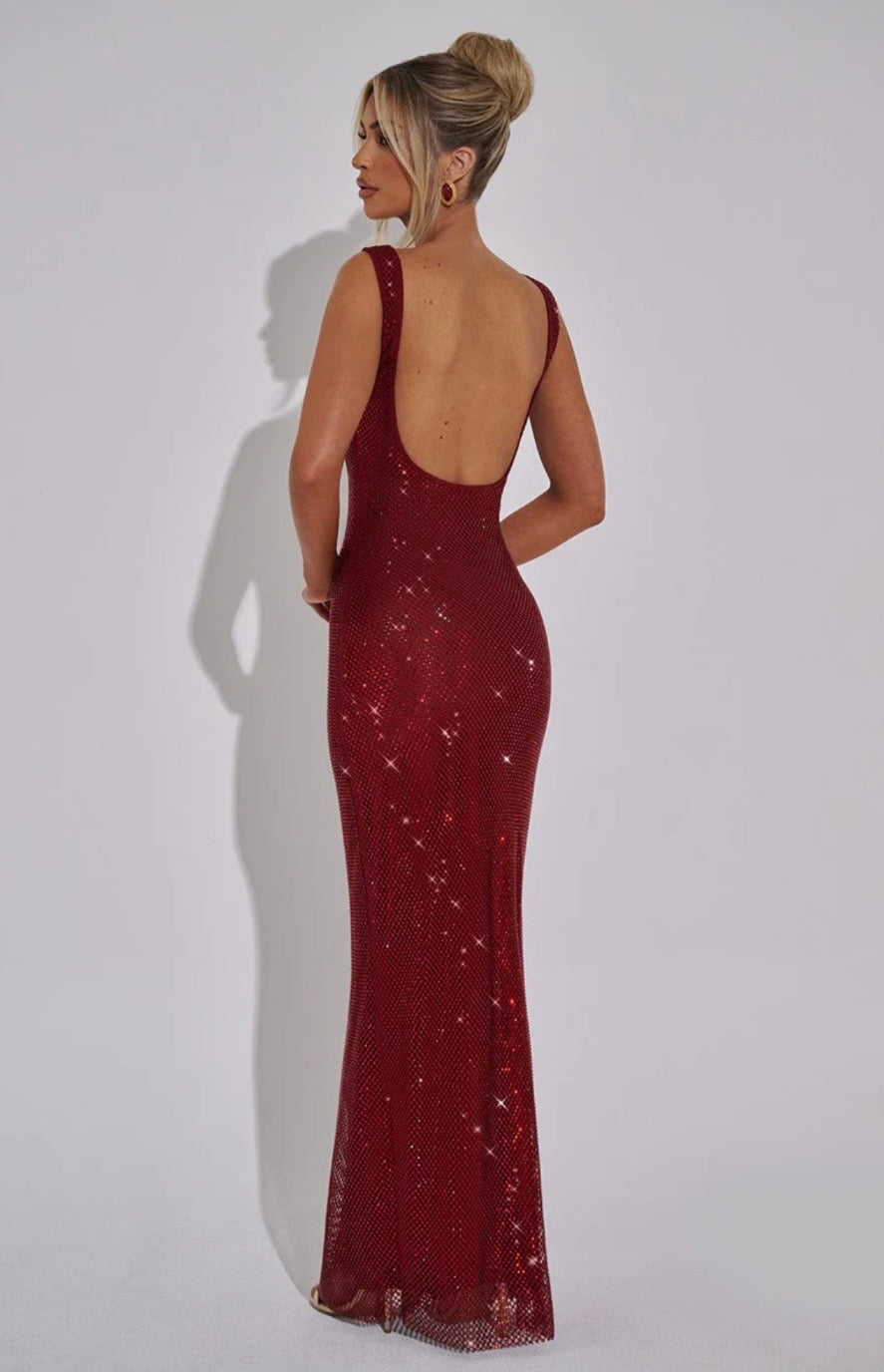 Embellished Crystal Mesh Maxi Dress with Square Neck for Evening Events
