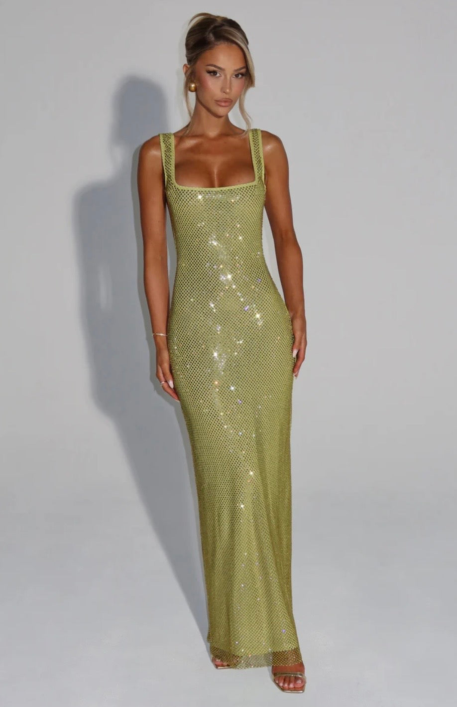 Sculpted Square Neck Crystal Mesh Maxi Dress for Evening Events