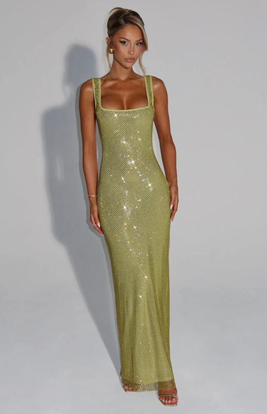Embellished Crystal Mesh Maxi Dress with Square Neck for Evening Events