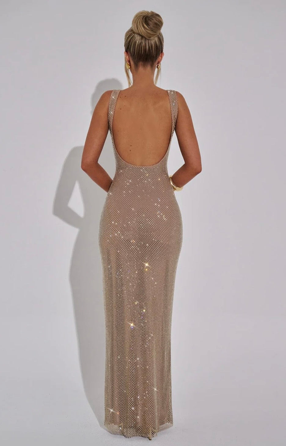 Embellished Crystal Mesh Maxi Dress with Square Neck for Evening Events