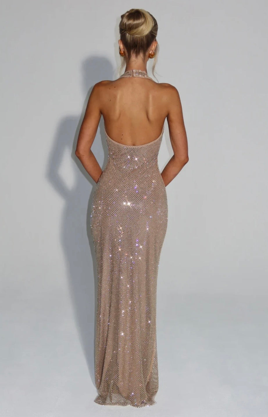 Plunging Neckline Crystal Mesh Halter Maxi Dress for Evening Events