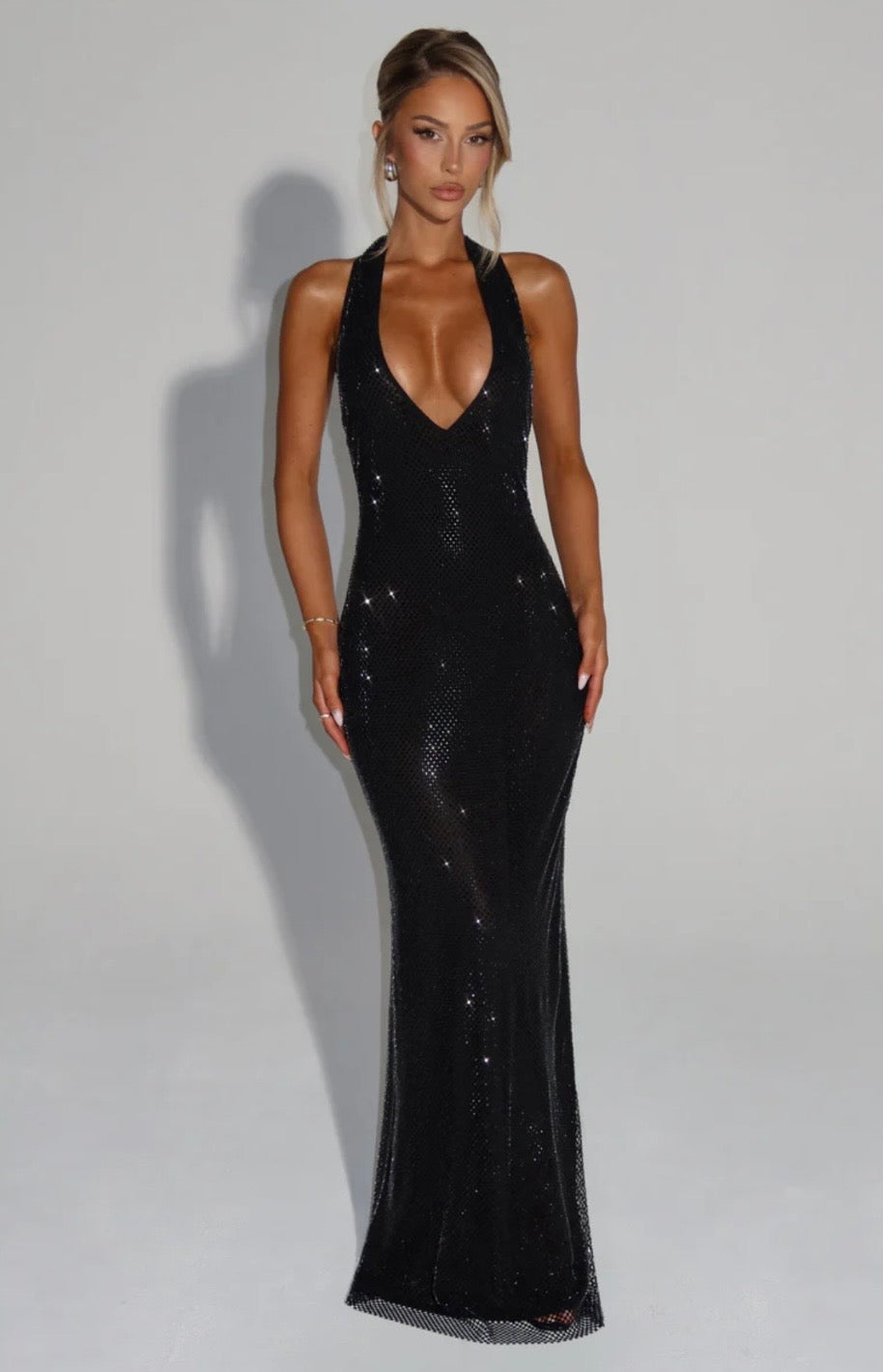 Plunging Neckline Crystal Mesh Halter Maxi Dress for Evening Events