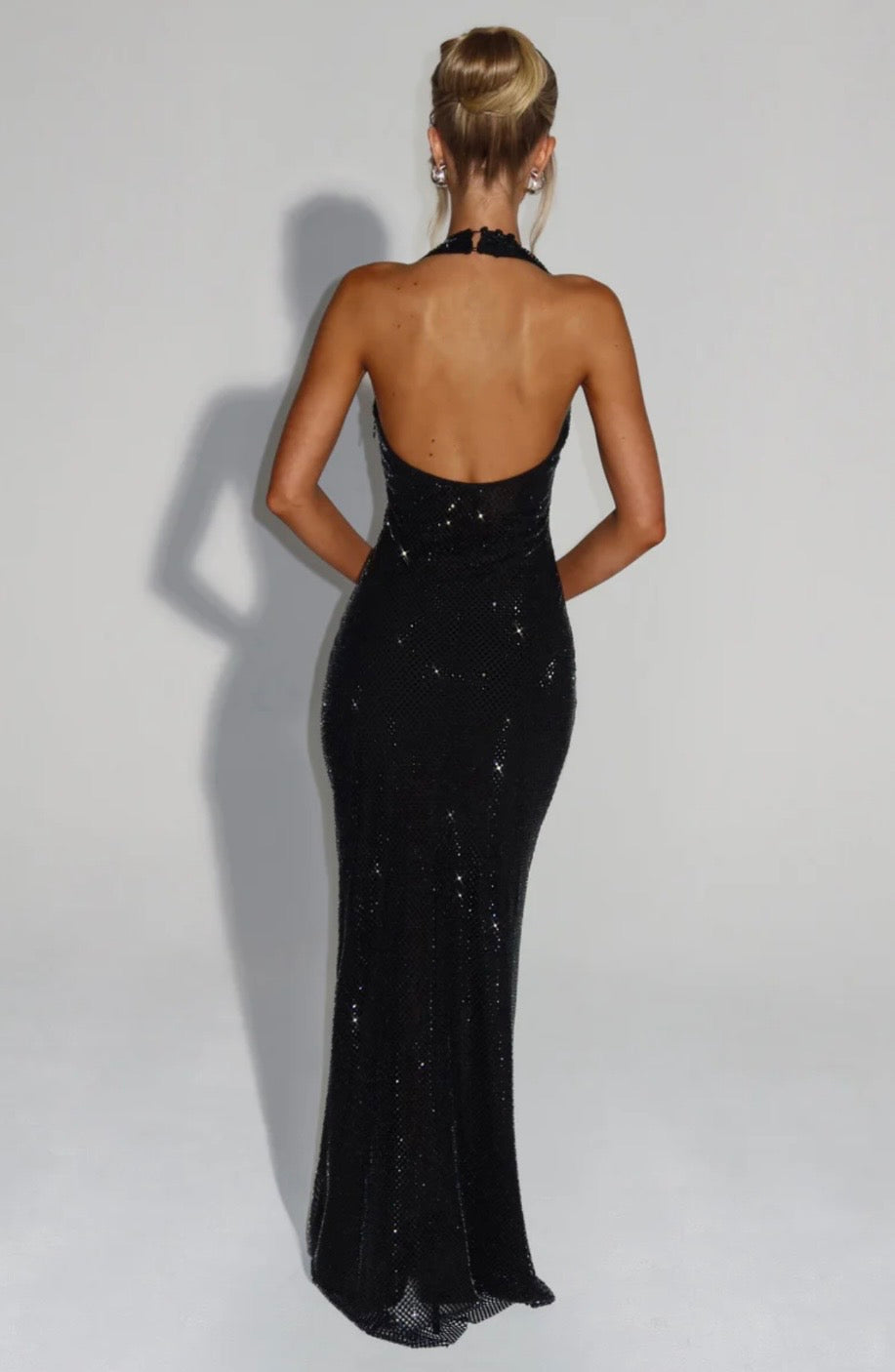 Plunging Neckline Crystal Mesh Halter Maxi Dress for Evening Events