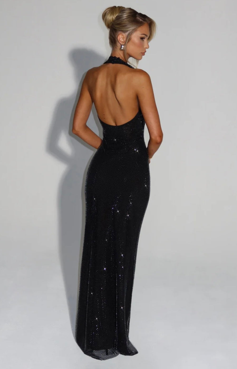 Plunging Neckline Crystal Mesh Halter Maxi Dress for Evening Events