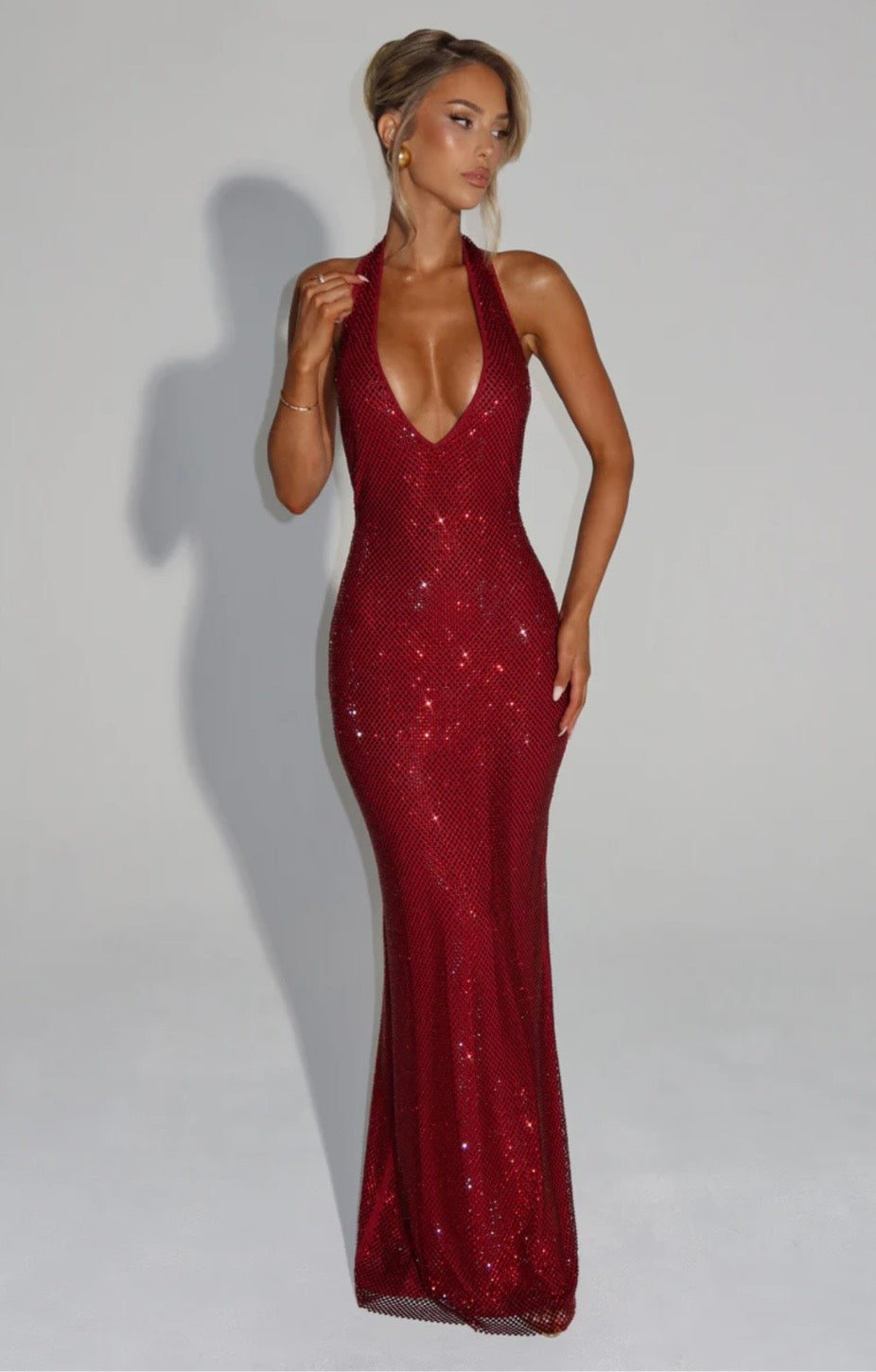 Plunging Neckline Crystal Mesh Halter Maxi Dress for Evening Events