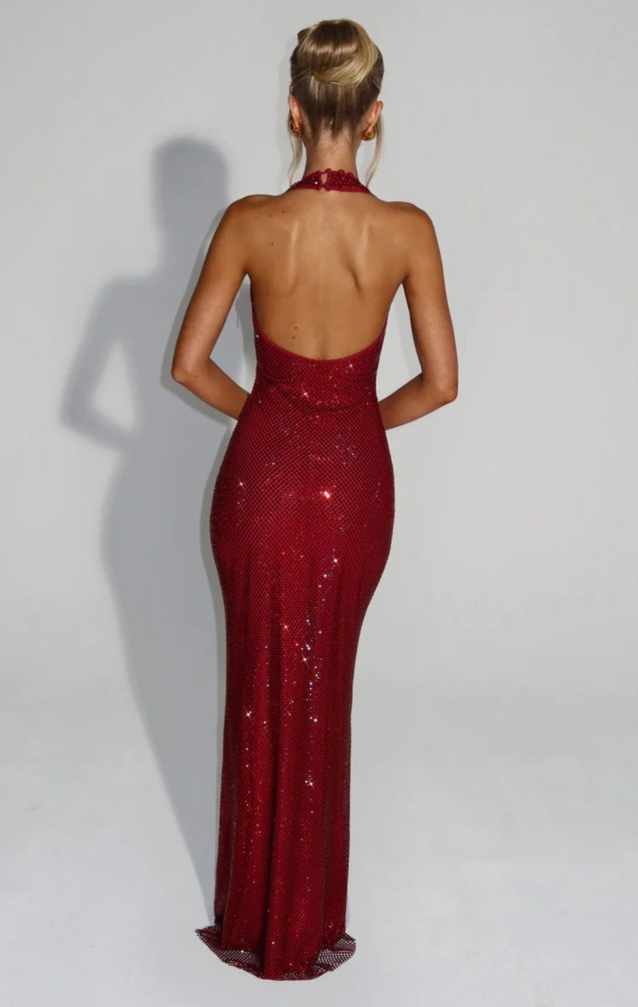 Plunging Neckline Crystal Mesh Halter Maxi Dress for Evening Events