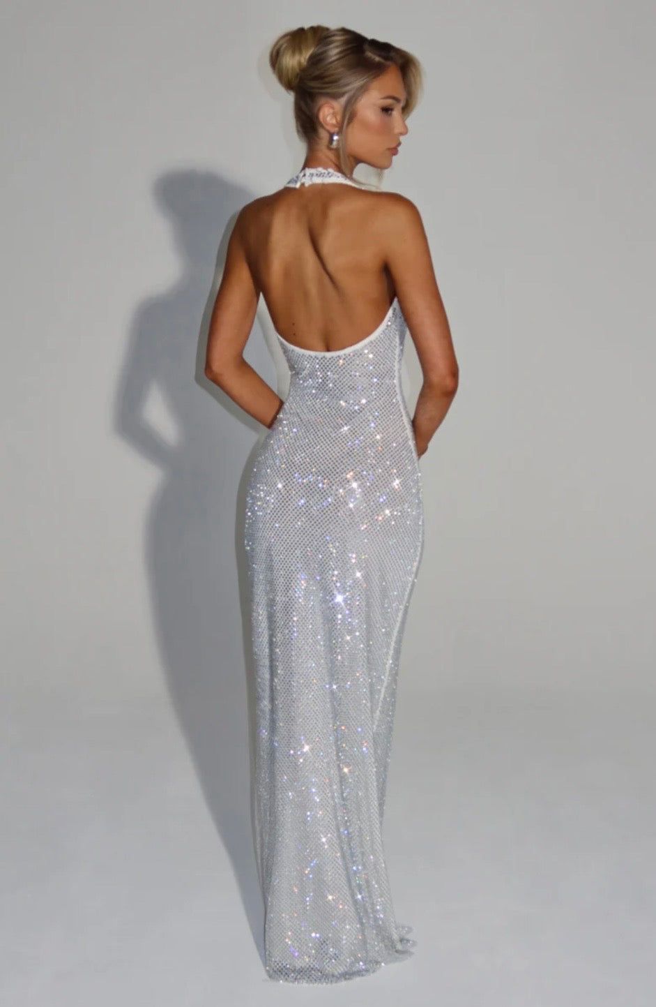 Plunging Neckline Crystal Mesh Halter Maxi Dress for Evening Events
