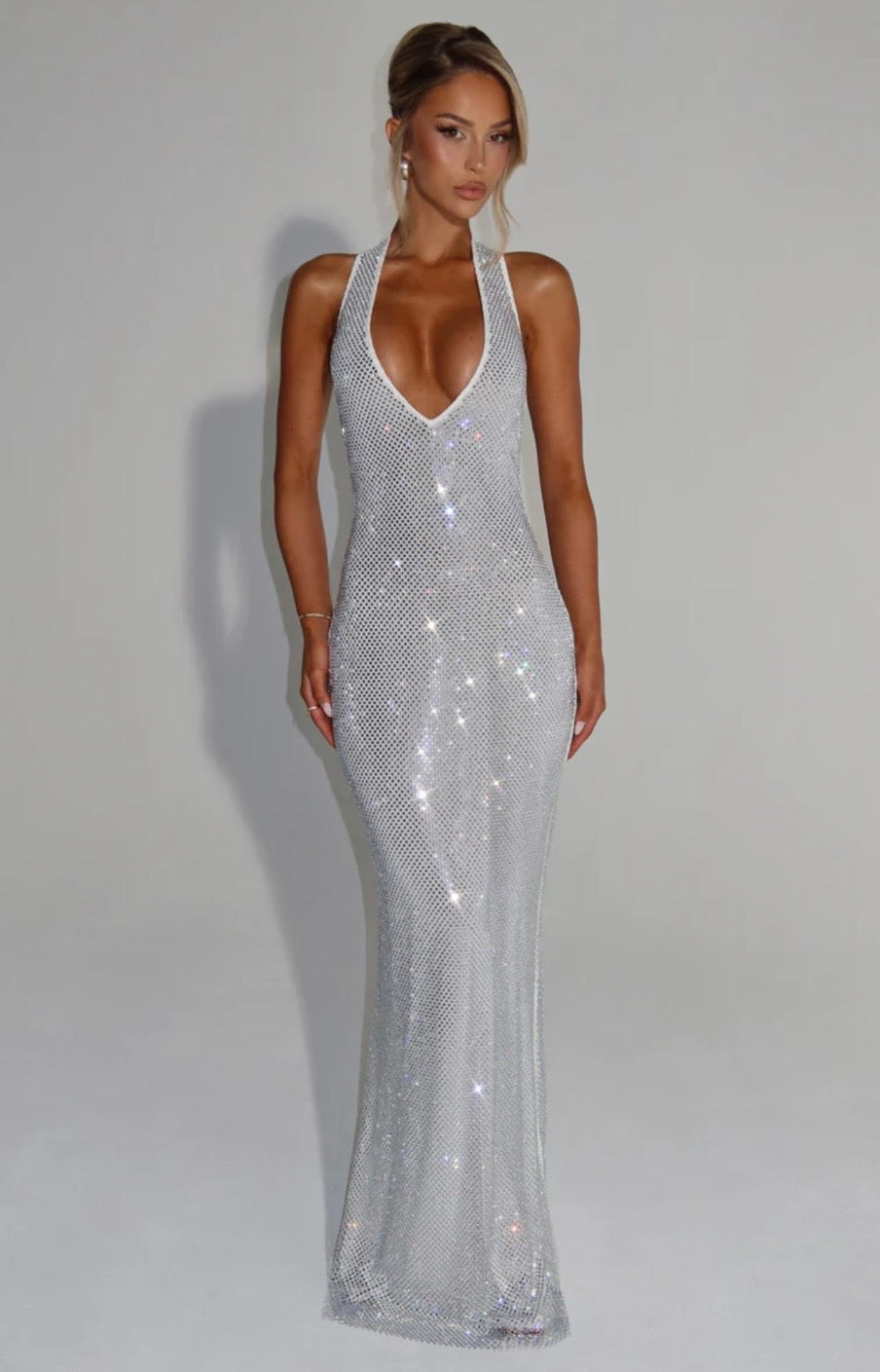Plunging Neckline Crystal Mesh Halter Maxi Dress for Evening Events
