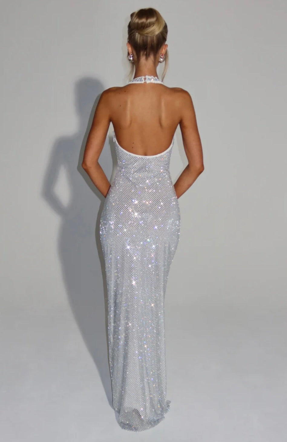 Plunging Neckline Crystal Mesh Halter Maxi Dress for Evening Events