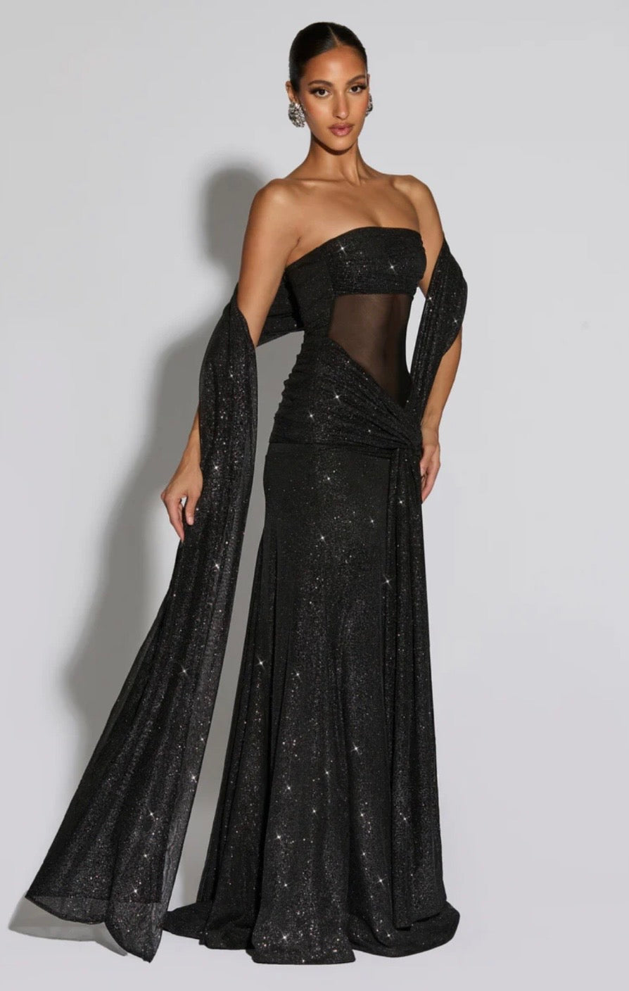 Sculpted Silhouette Glittering Mesh Maxi Dress for Evening Events