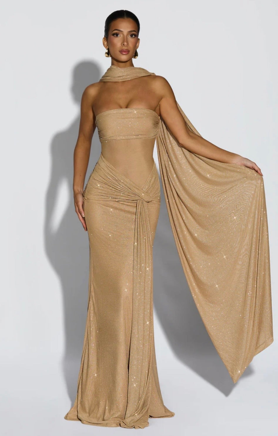 Sculpted Silhouette Glittering Mesh Maxi Dress for Evening Events