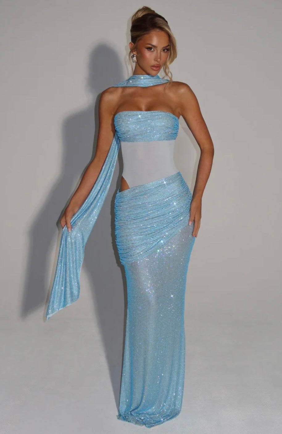 Strapless Ruched Maxi Dress with Draped Panels for Evening Events
