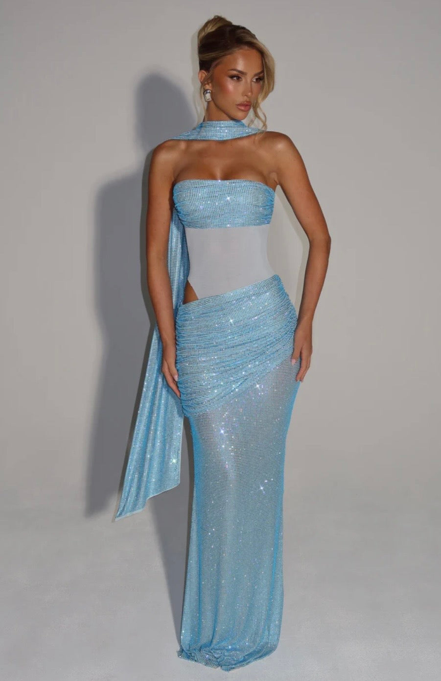 Strapless Ruched Maxi Dress with Draped Panels for Evening Events