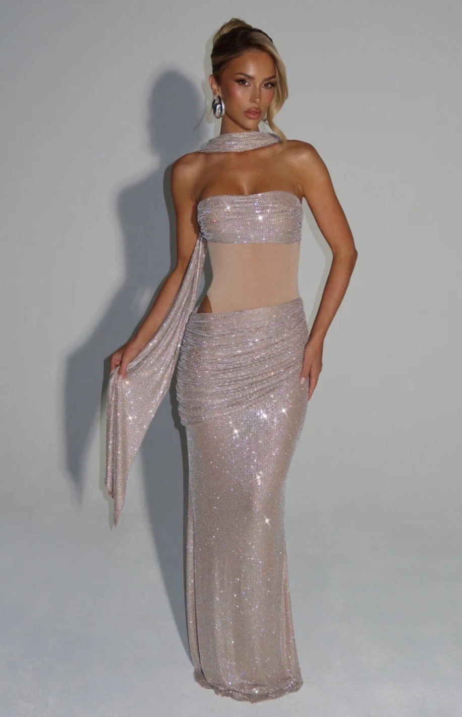 Strapless Ruched Maxi Dress with Draped Panels for Evening Events