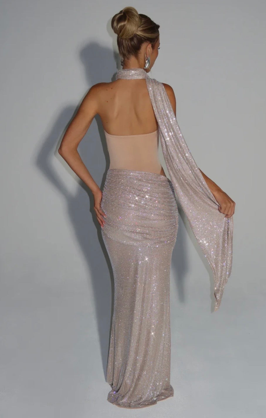 Strapless Ruched Maxi Dress with Draped Panels for Evening Events