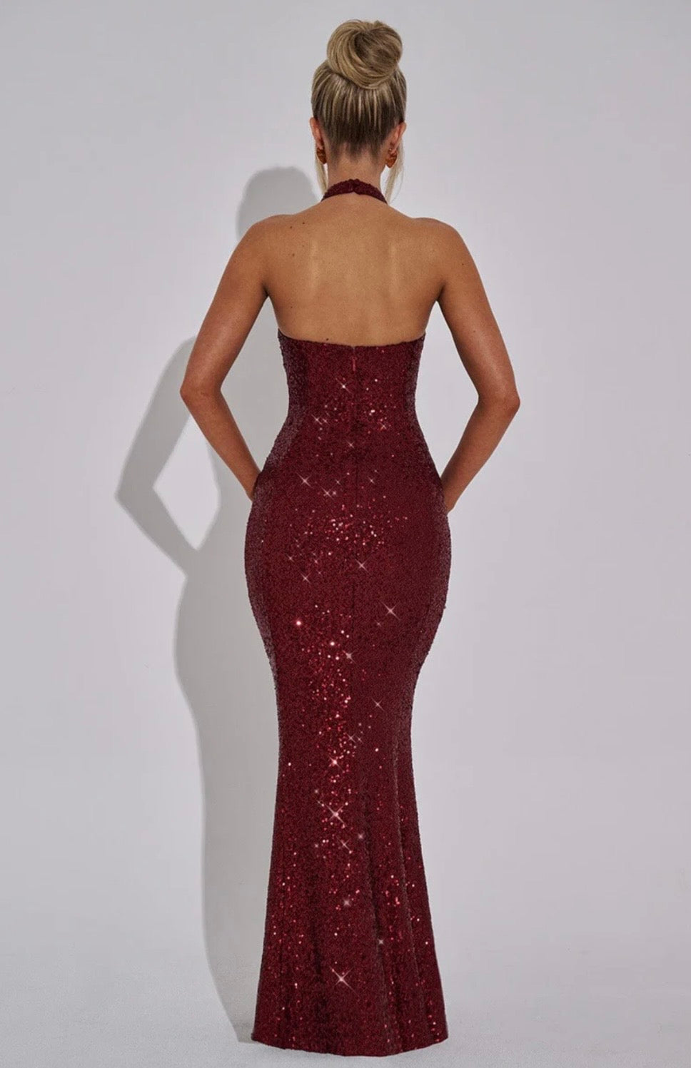 Contoured Fishtail Halter Maxi Dress with Embellishments for Formal Events