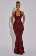 Contoured Fishtail Halter Maxi Dress with Embellishments for Formal Events