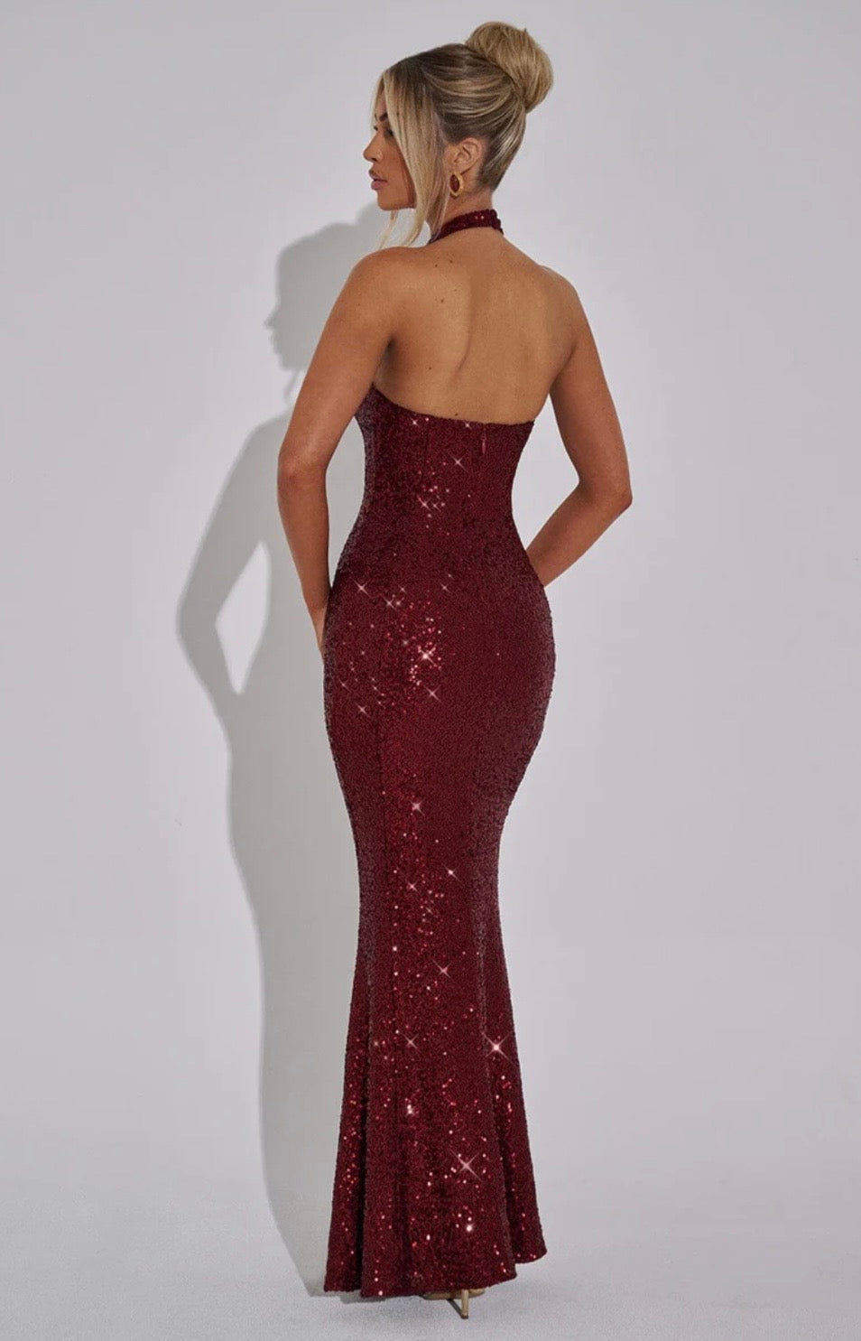 Contoured Fishtail Halter Maxi Dress with Embellishments for Formal Events