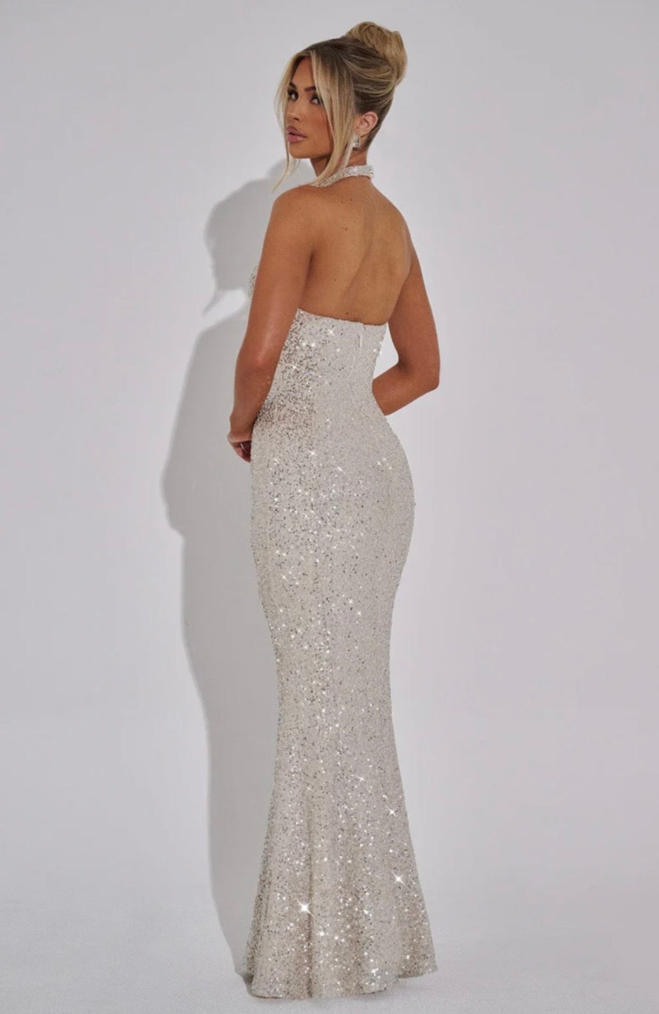 Contoured Fishtail Halter Maxi Dress with Embellishments for Formal Events