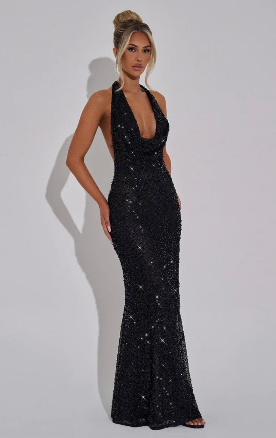 Open Back Sequin Halter Maxi Dress | Embellished Net Evening Gown