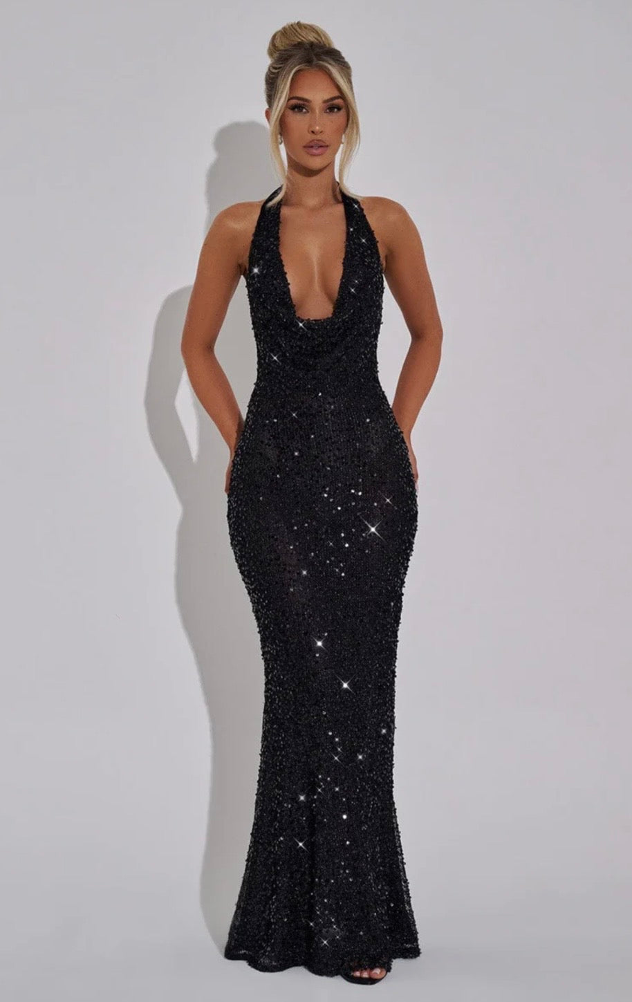 Open Back Sequin Halter Maxi Dress | Embellished Net Evening Gown