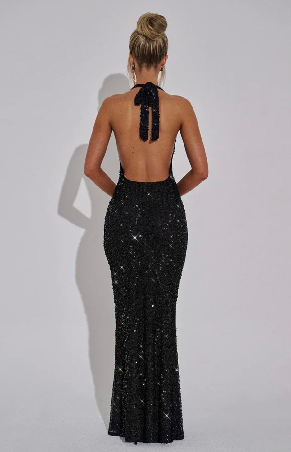 Open Back Sequin Halter Maxi Dress | Embellished Net Evening Gown