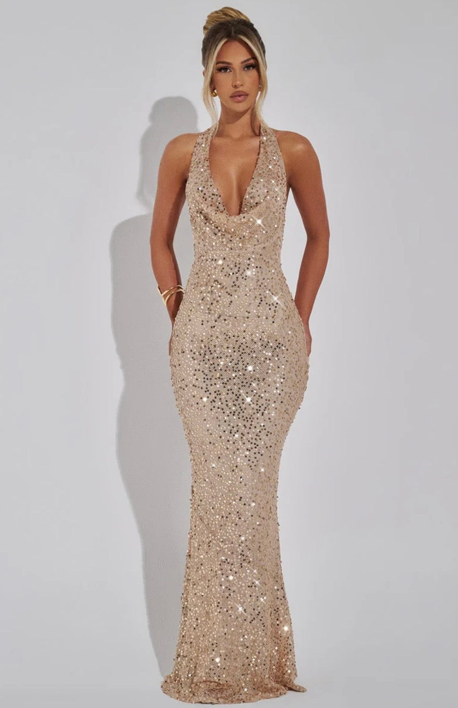 Open Back Sequin Halter Maxi Dress | Embellished Net Evening Gown