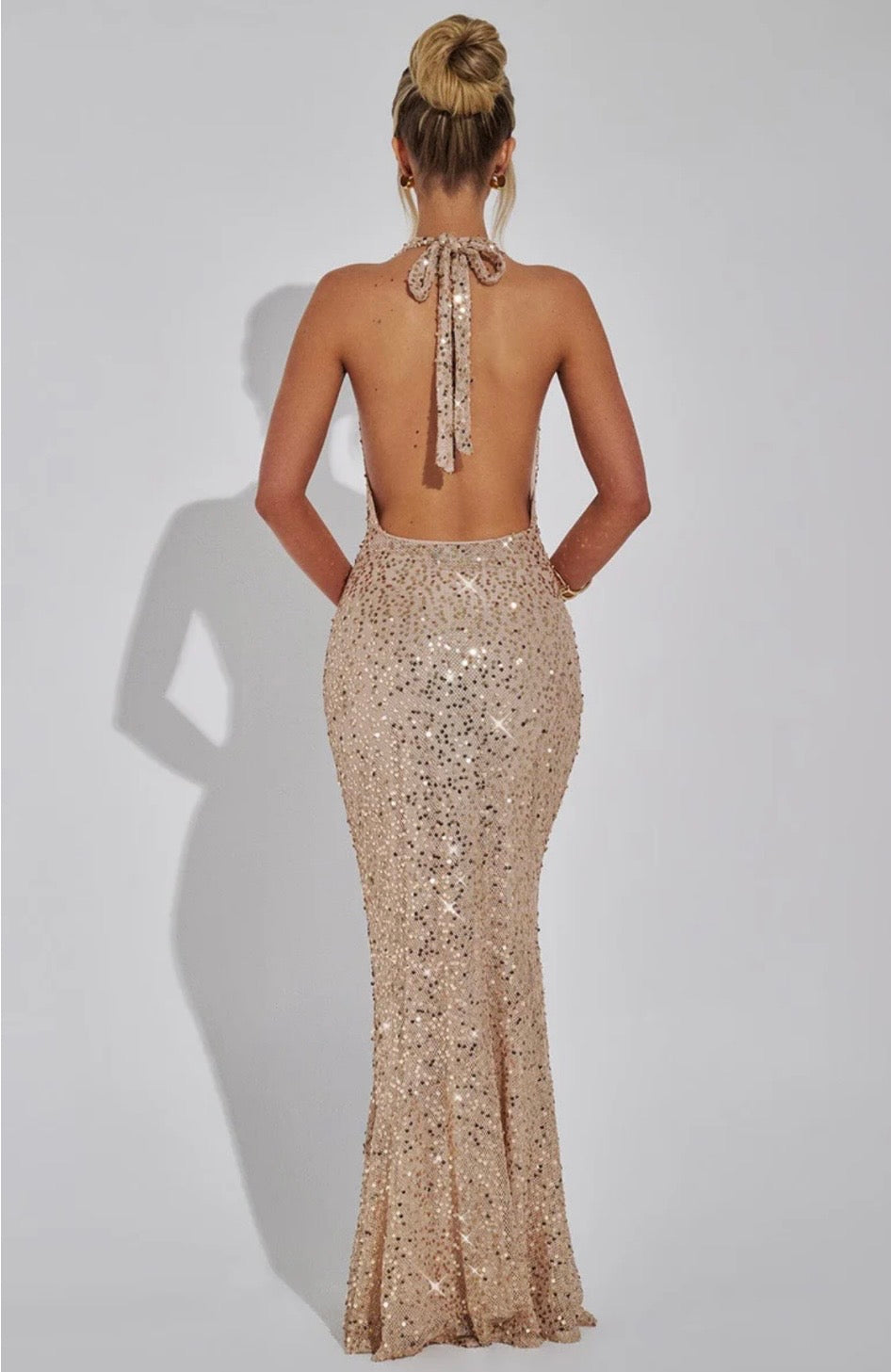 Open Back Sequin Halter Maxi Dress | Embellished Net Evening Gown