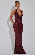 Open Back Sequin Halter Maxi Dress | Embellished Net Evening Gown