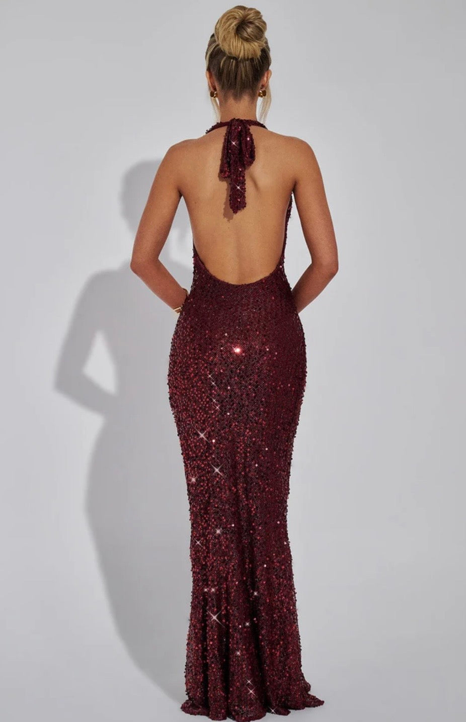 Open Back Sequin Halter Maxi Dress | Embellished Net Evening Gown