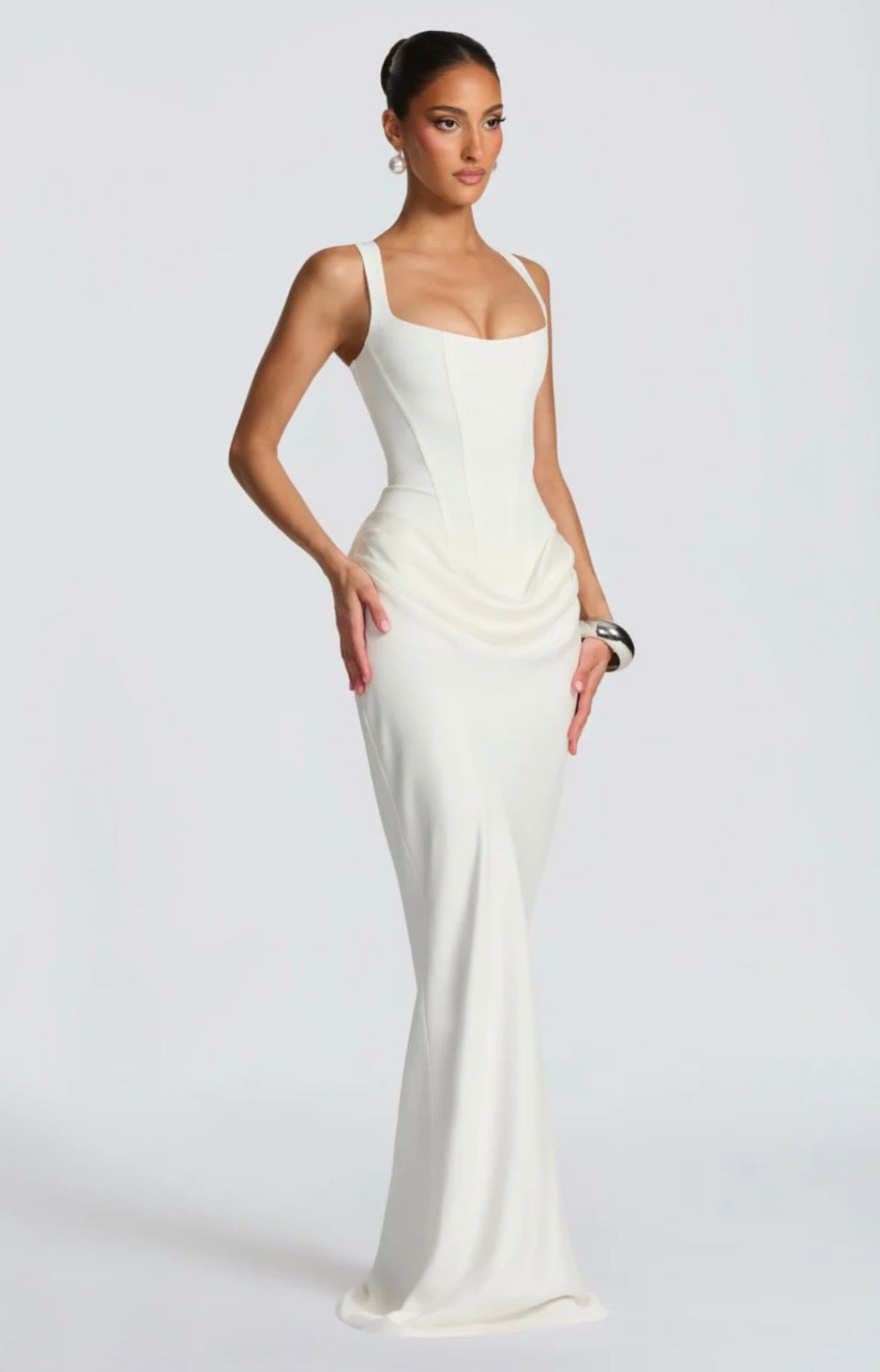 Sculpted Lowered Waist Square Neck Crepe Maxi Dress for Formal Events