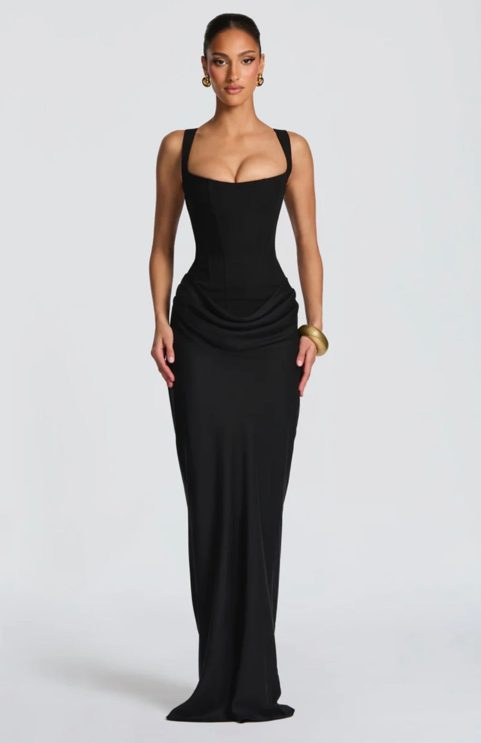 Sculpted Lowered Waist Square Neck Crepe Maxi Dress for Formal Events