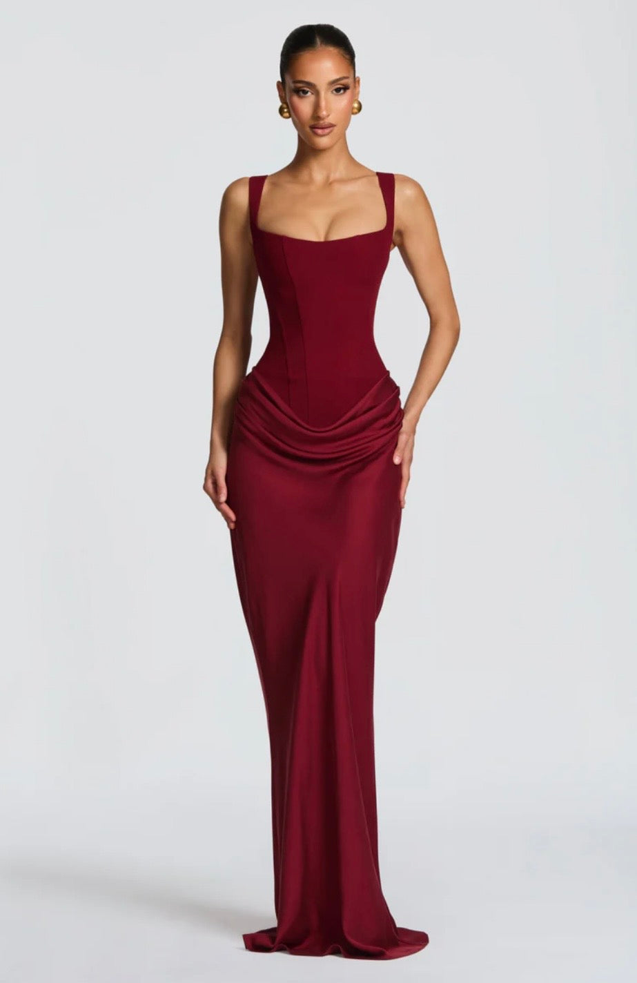 Sculpted Lowered Waist Square Neck Crepe Maxi Dress for Formal Events