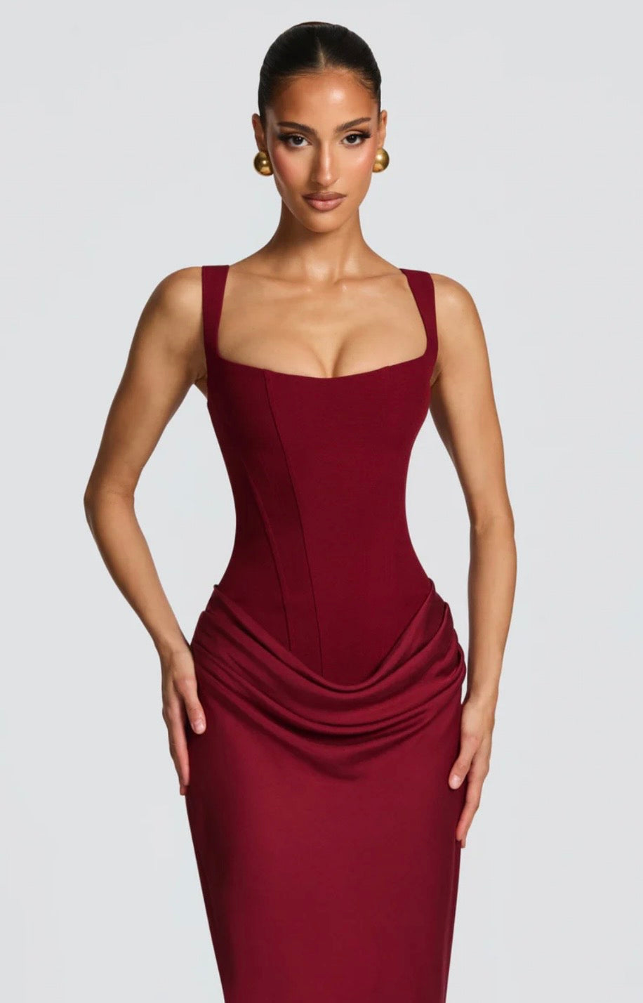 Sculpted Lowered Waist Square Neck Crepe Maxi Dress for Formal Events