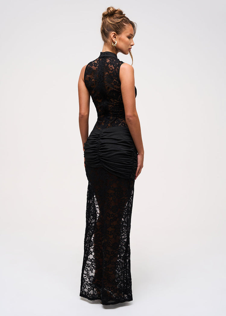 Sheer Black Lace Maxi Dress with Gold Accents and High Slit for Evening Wear