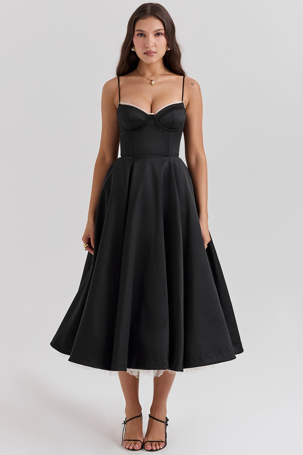 Satin Corset Midi Dress with Structured Bodice for Elegant Occasions