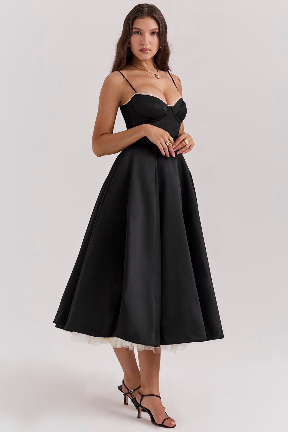 Structured Satin Corset Midi Dress with Luxurious Bodice for Elegant Events