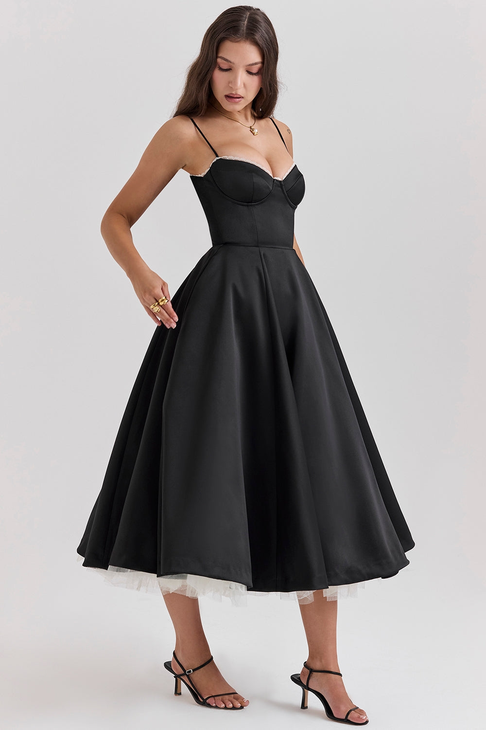 Satin Corset Midi Dress with Structured Bodice for Elegant Occasions