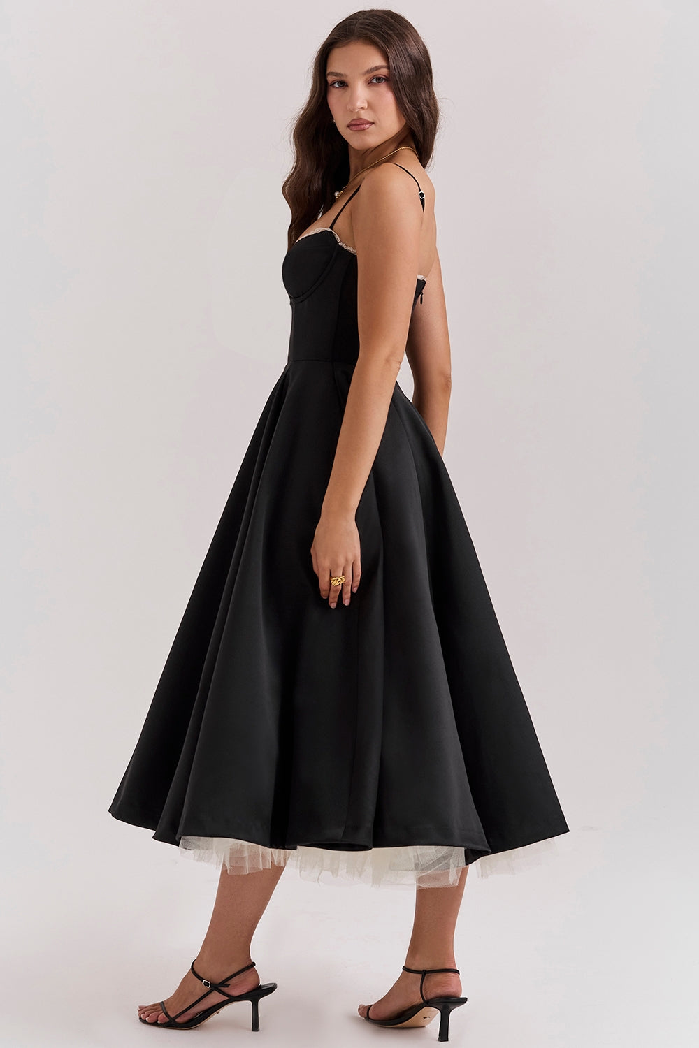 Structured Satin Corset Midi Dress with Luxurious Bodice for Elegant Events