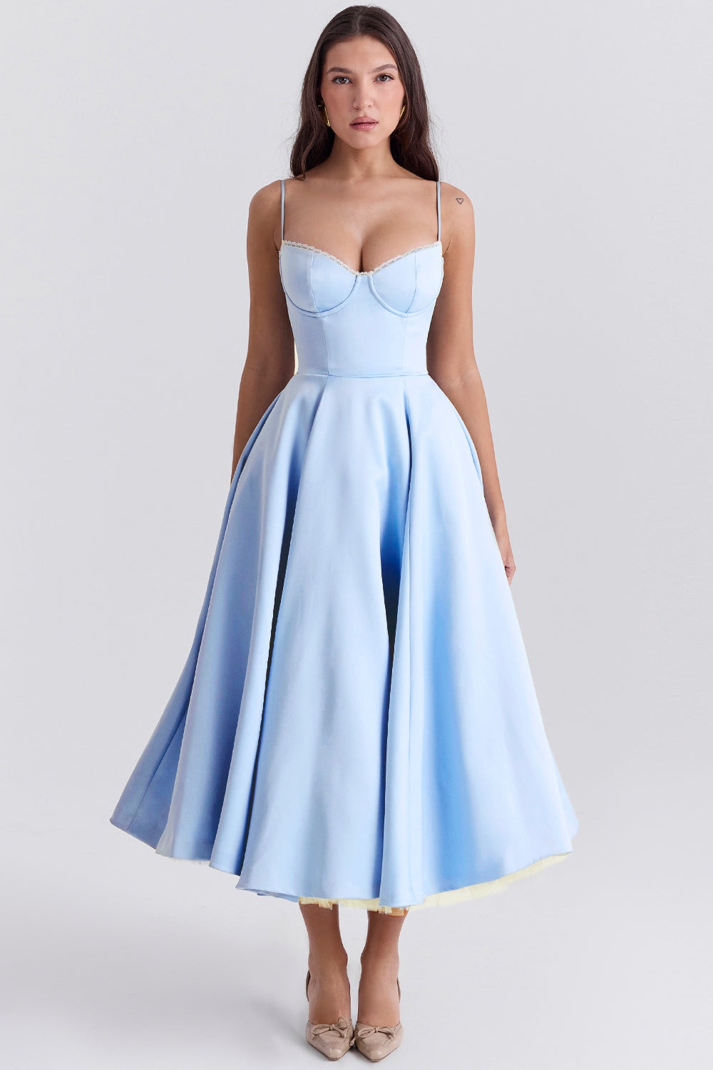 Satin Corset Midi Dress with Structured Bodice for Elegant Occasions
