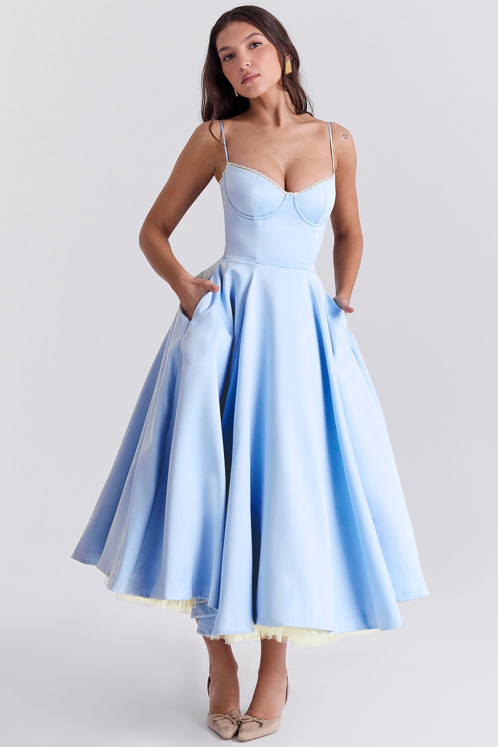 Satin Corset Midi Dress with Structured Bodice for Elegant Occasions