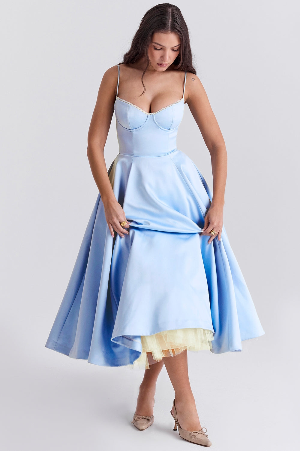 Structured Satin Corset Midi Dress with Luxurious Bodice for Elegant Events