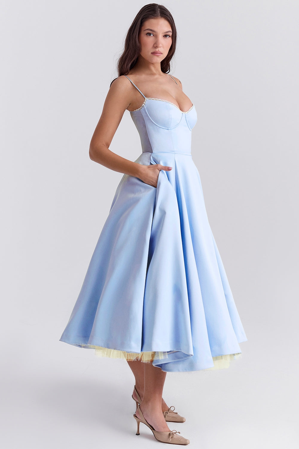 Structured Satin Corset Midi Dress with Luxurious Bodice for Elegant Events