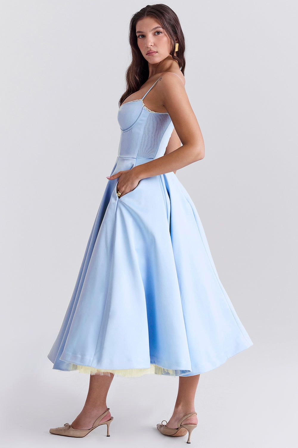 Satin Corset Midi Dress with Structured Bodice for Elegant Occasions