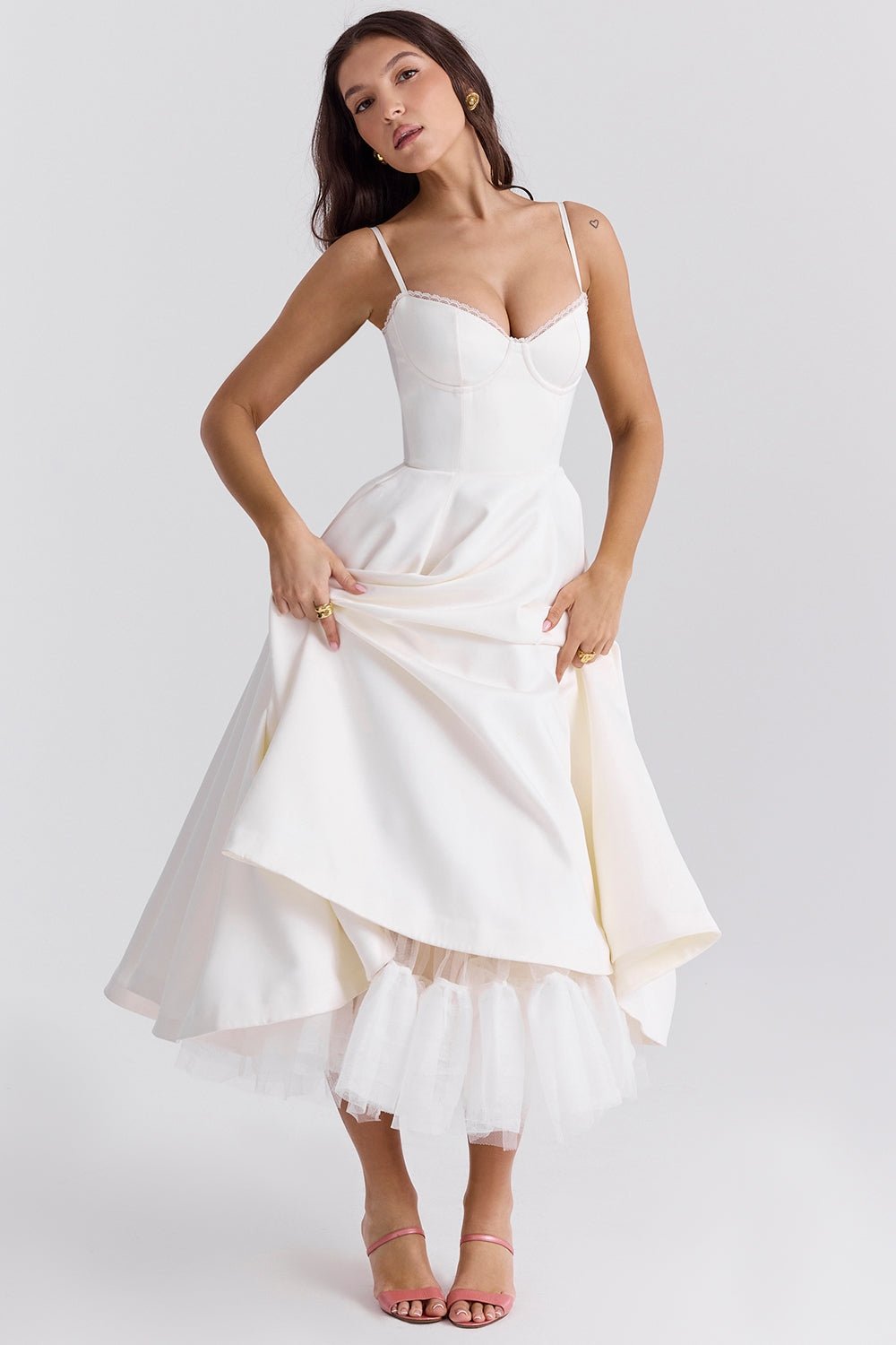 Satin Corset Midi Dress with Structured Bodice for Elegant Occasions