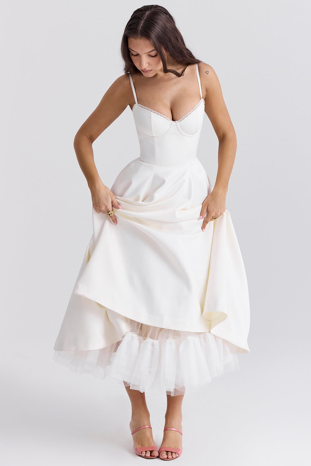 Satin Corset Midi Dress with Structured Bodice for Elegant Occasions