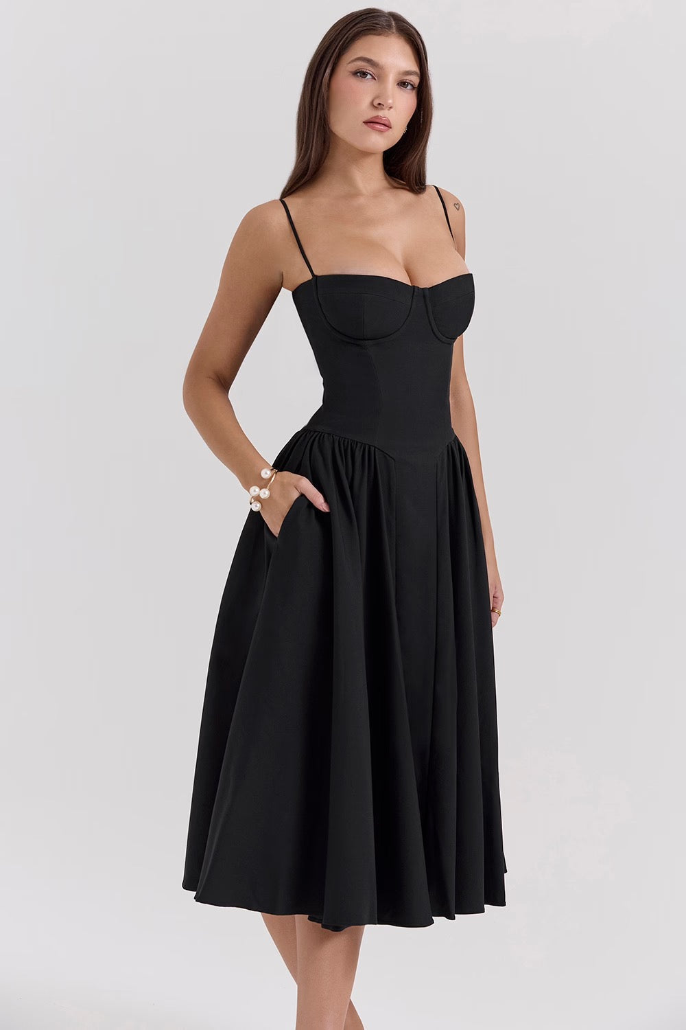 Underwired Sweetheart Twill Corset Midi Dress for Evening Wear
