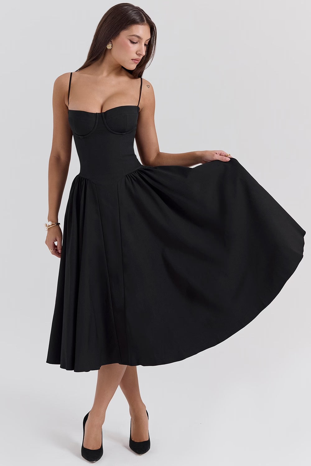 Underwired Sweetheart Corset Midi Dress in Twill Fabric for Evening Wear