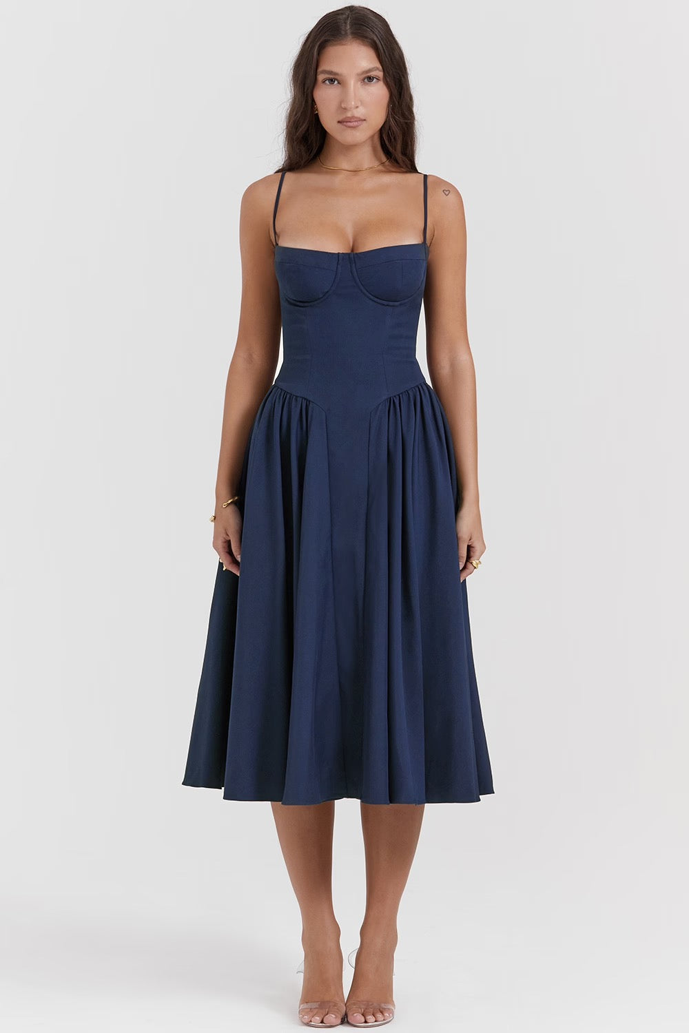 Underwired Sweetheart Twill Corset Midi Dress for Evening Wear